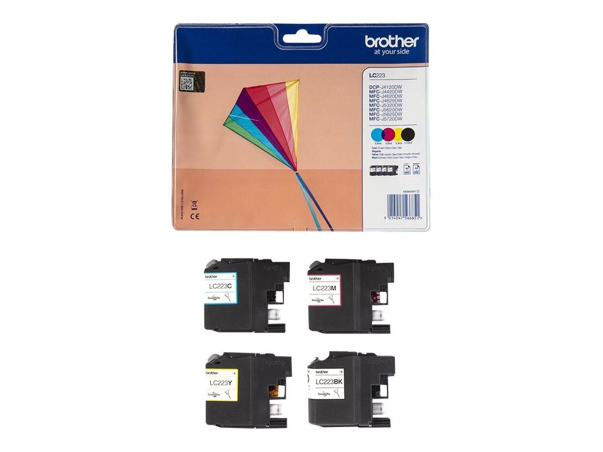 Brother Tintenpatronen-Set mit vier LC223 Kartuschen: Cyan, Magenta, Gelb und Schwarz, abgebildet unter der Einzelhandelsverpackung.