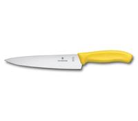 Ein Küchenmesser aus Edelstahl mit gelbem Griff auf weißem Hintergrund.