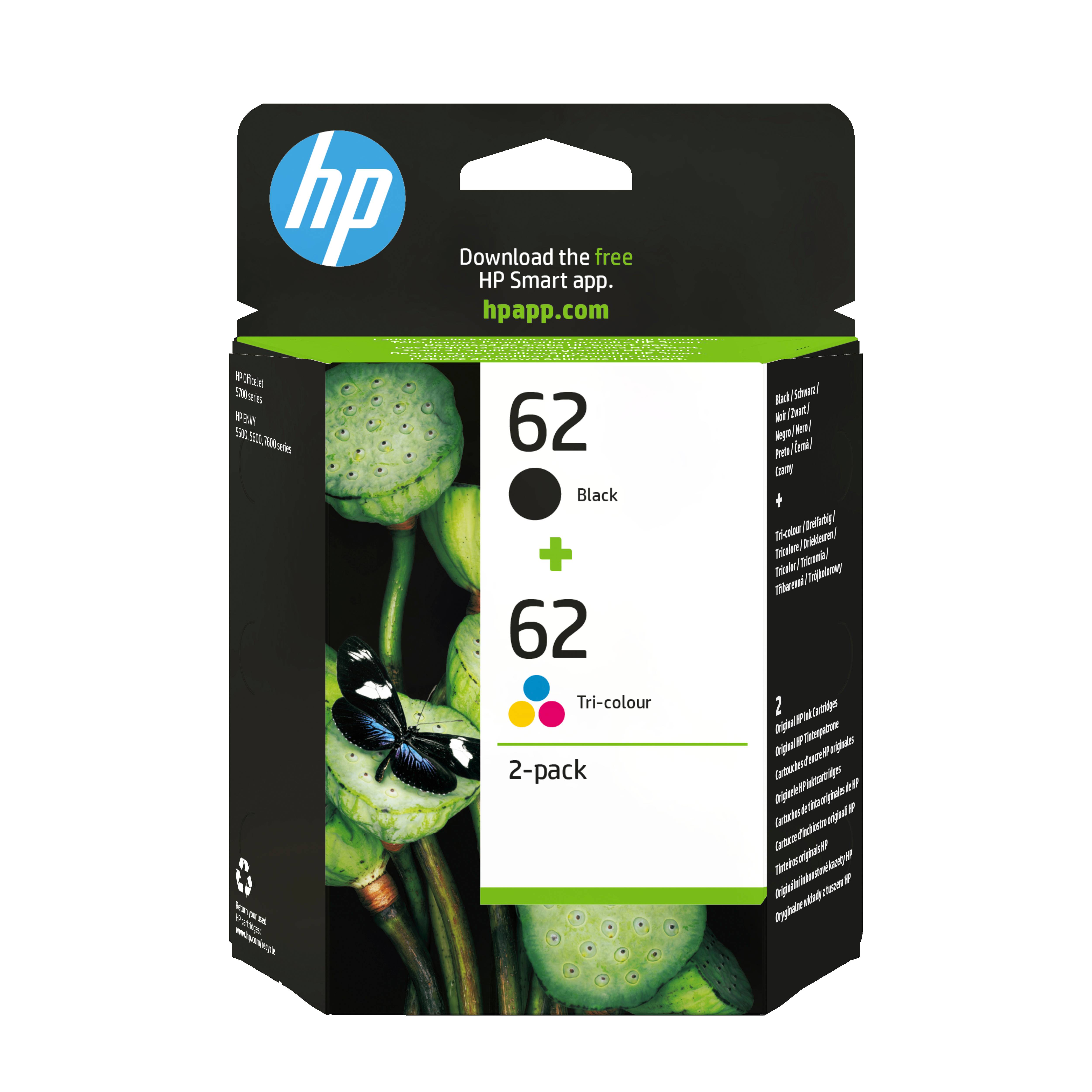 HP 62 - 2er-Pack - pigmentiertes Schwarz, Farbe (Cyan, Magenta, Gelb)