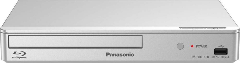 Vorderansicht eines Panasonic Blu-ray-Disc-Players mit Diskettenschacht, Betriebsleuchte und Modellbezeichnung DMP-BDT168.