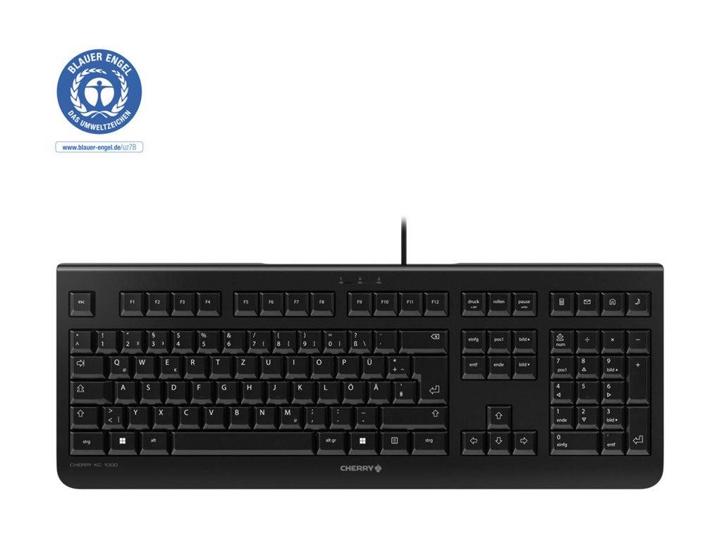Schwarze Vollsize-Tastatur mit Kabel, Nummernblock und blauem Engel-Ökolabel-Logo darüber auf weißem Hintergrund.