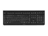 Schwarze kabelgebundene Computertastatur mit vollwertigen Tasten auf weißem Hintergrund.