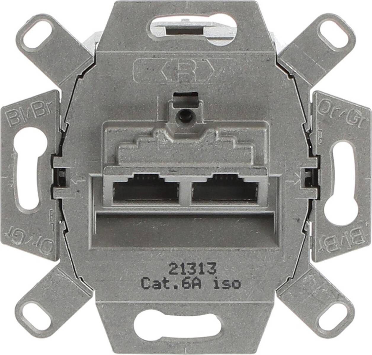 Cat 6A Netzwerk-Wanddose mit zwei Ethernet-Anschlüssen und Metallmontageplatte, Vorderansicht.