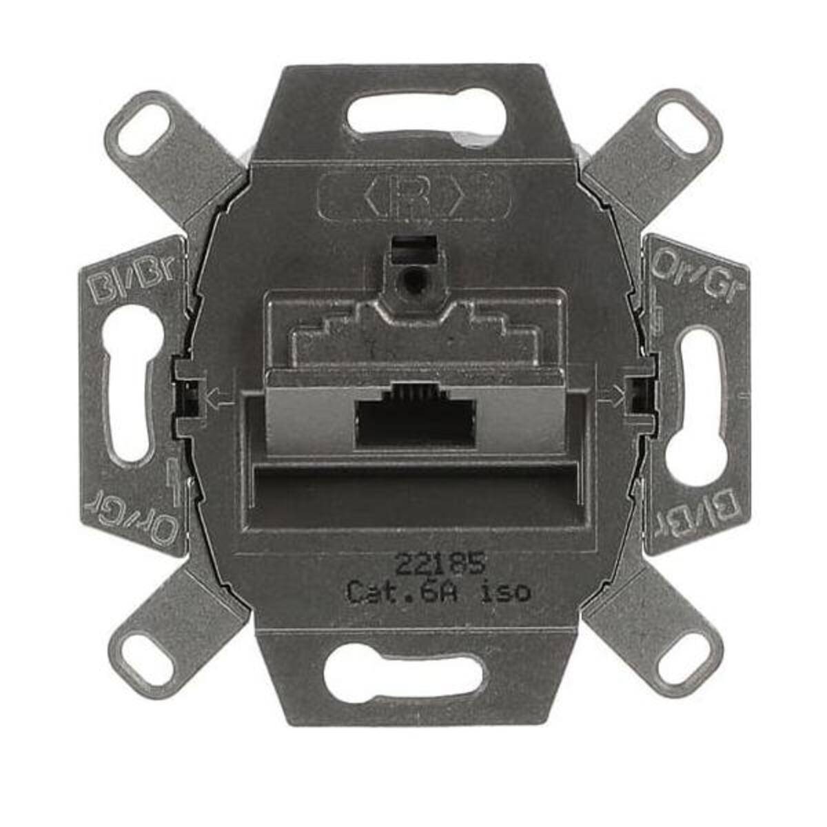 Vorderansicht einer schwarzen RJ45-Netzwerk-Wanddose mit Metallanschlussohren und beschrifteter Cat. 6A iso.