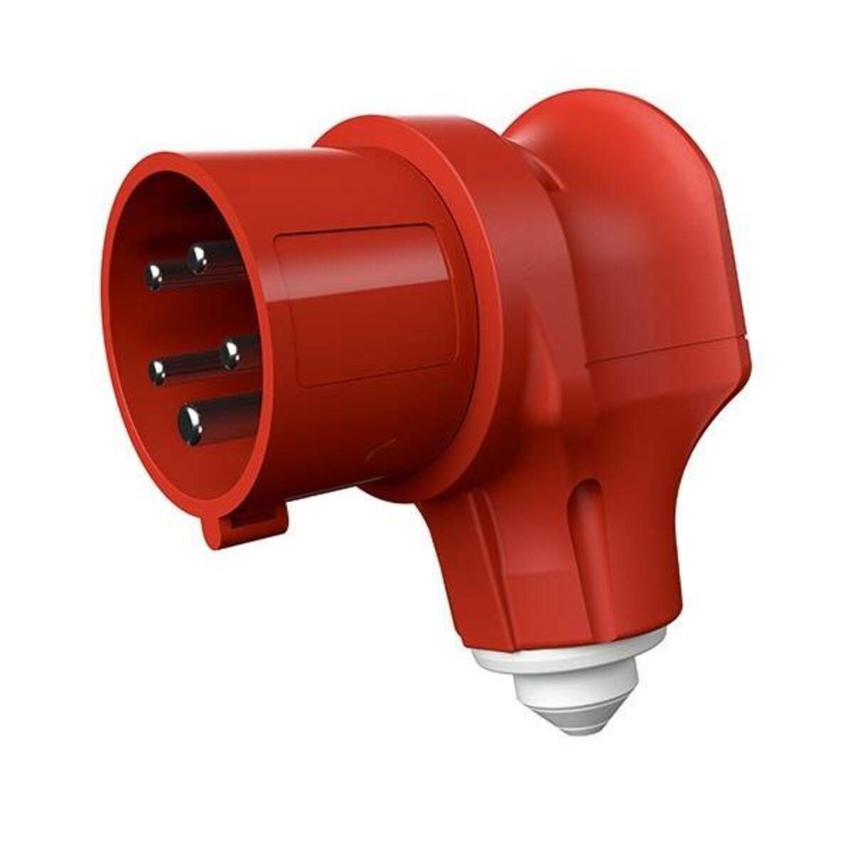 Roter industrieller Stecker-Adapter mit vier Kontakten und einer weißen Erdungsspitze auf weißem Hintergrund.