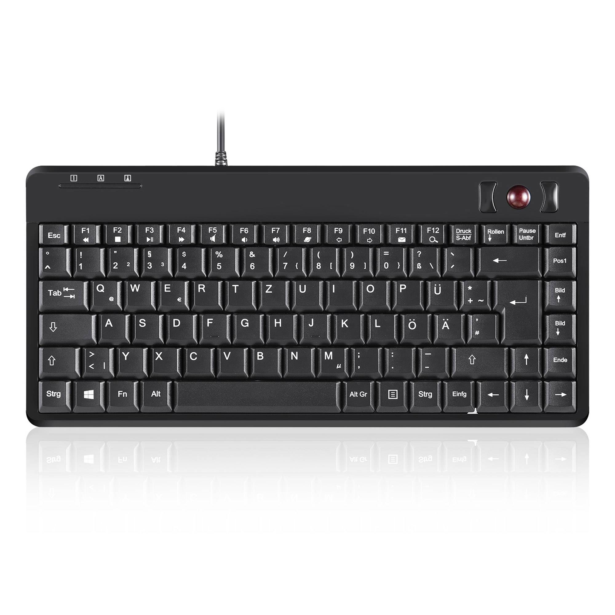 Kompakte schwarze kabelgebundene Tastatur mit einem integrierten Trackball in der oberen rechten Ecke und deutschem Tastaturlayout.
