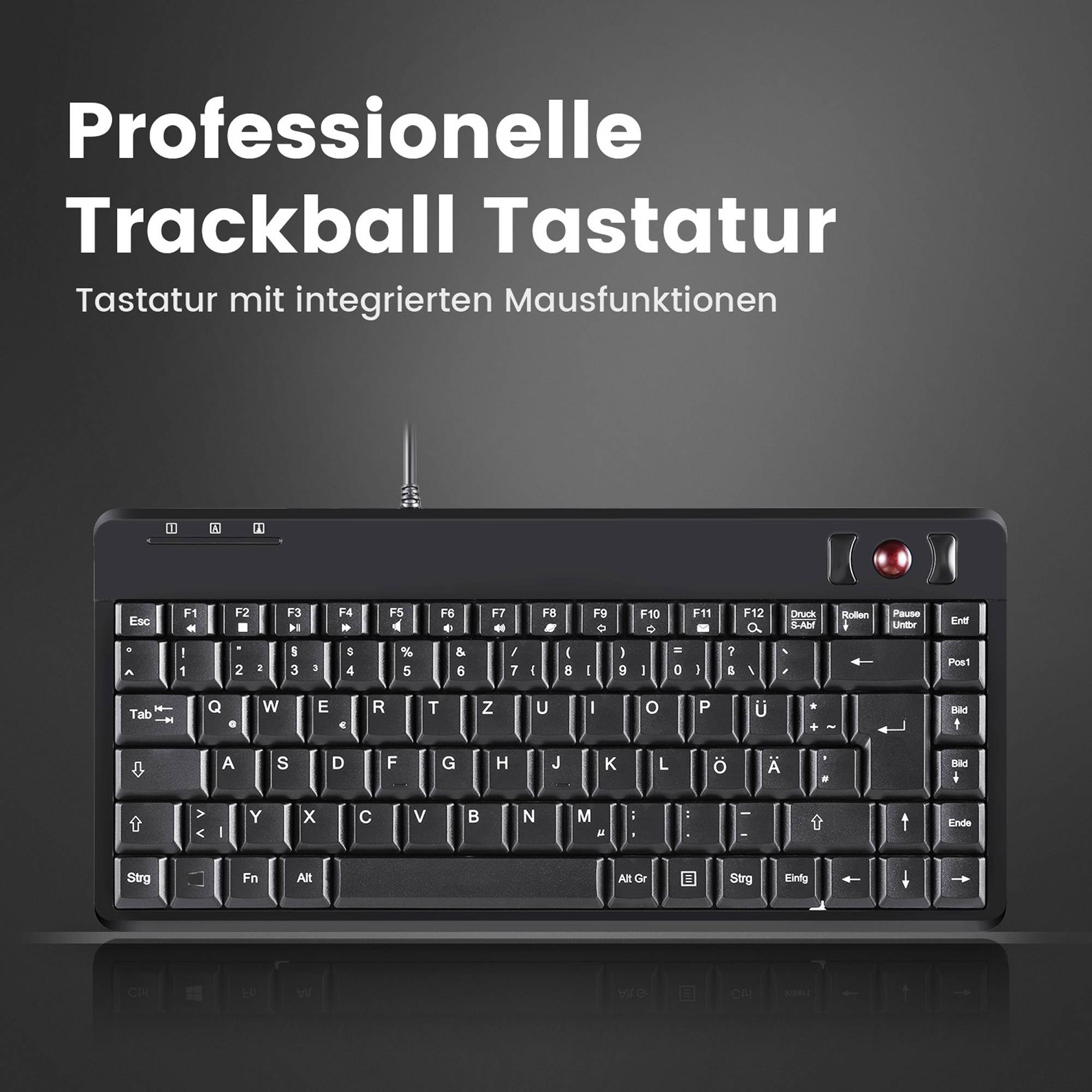 Schwarze Trackball-Tastatur mit deutschem Text „Professionelle Trackball Tastatur" und „Tastatur mit integrierten Mausfunktionen"" darüber.