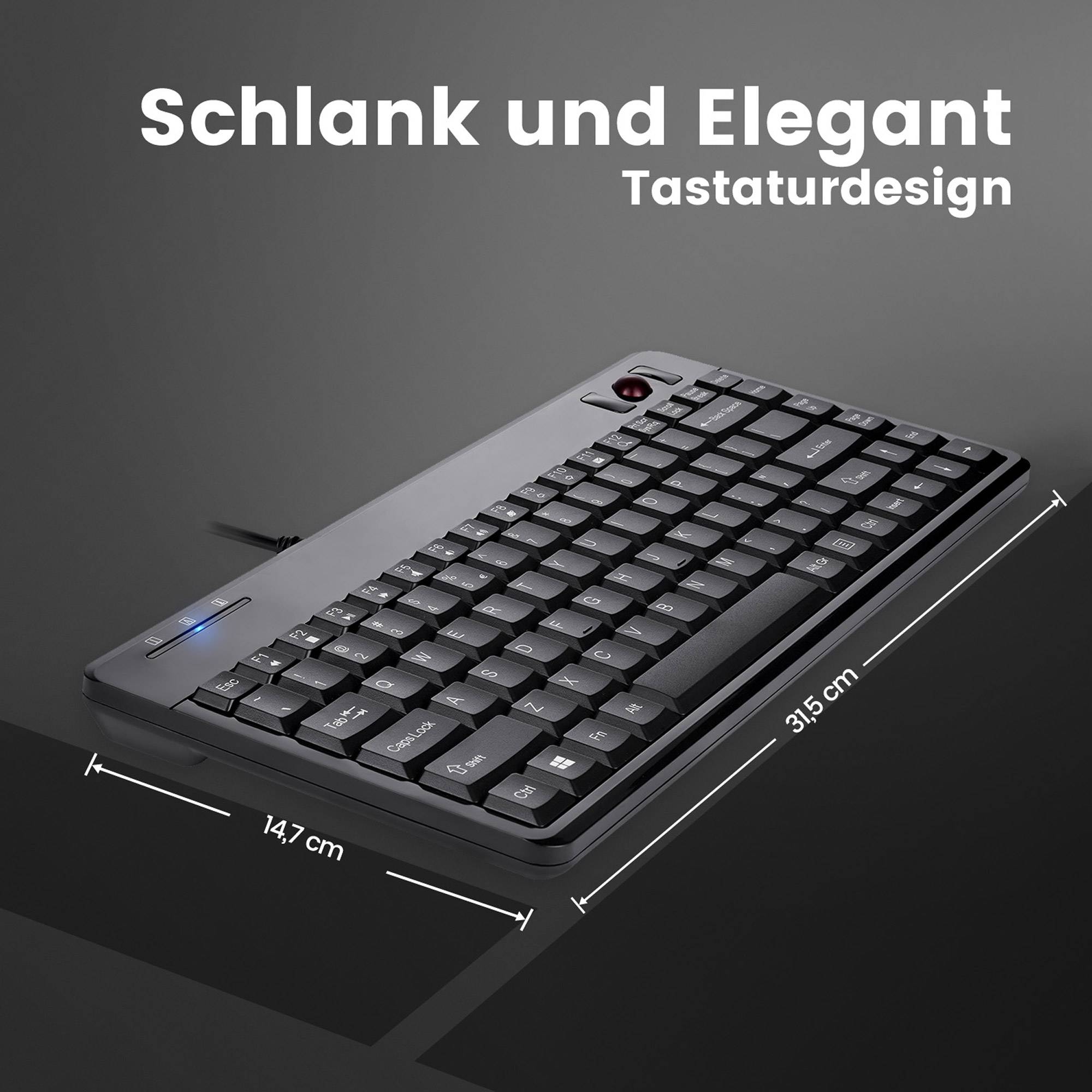 Werbebild einer schlanken Desktop-Tastatur mit der Bezeichnung „Schlank und Elegant Tastaturdesign" mit den angezeigten Abmessungen von 14,7 cm mal 31,5 cm.