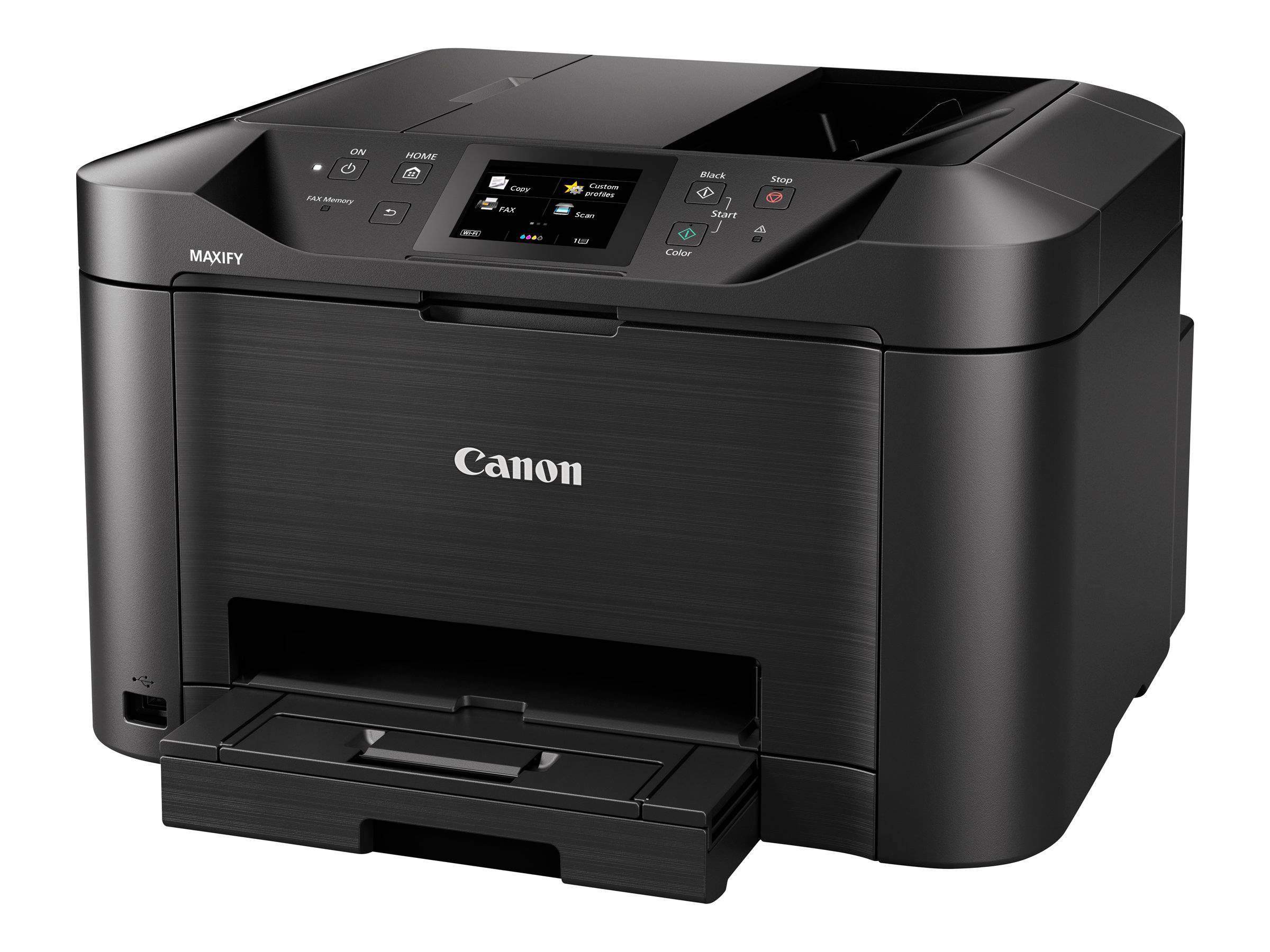 Schwarzer Canon MAXIFY Multifunktionsdrucker mit Touchscreen-Bedienfeld und ausgefahrenem vorderen Papierfach zum Drucken.