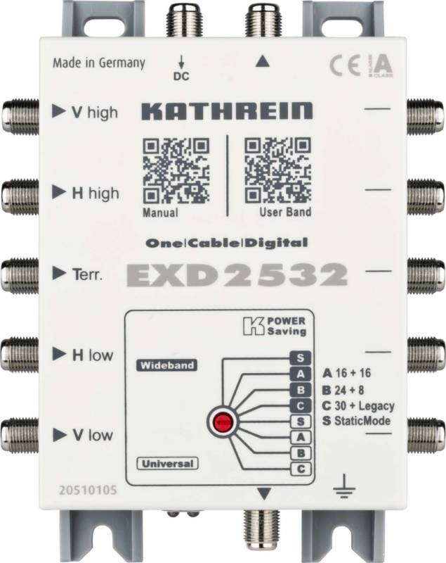 Kathrein EXD 2532 SAT Multischalter Unicable Eingänge (Multischalter): 5 (4 SAT/1 terrestrisch) Teilnehmer-Anzahl: 32