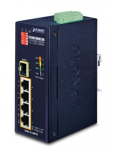 Schwarzer PLANET Industrial Ethernet Switch mit fünf vorderen Anschlüssen, Power-/Betriebsleuchtdioden und einer grünen Anschlussklemme oben.