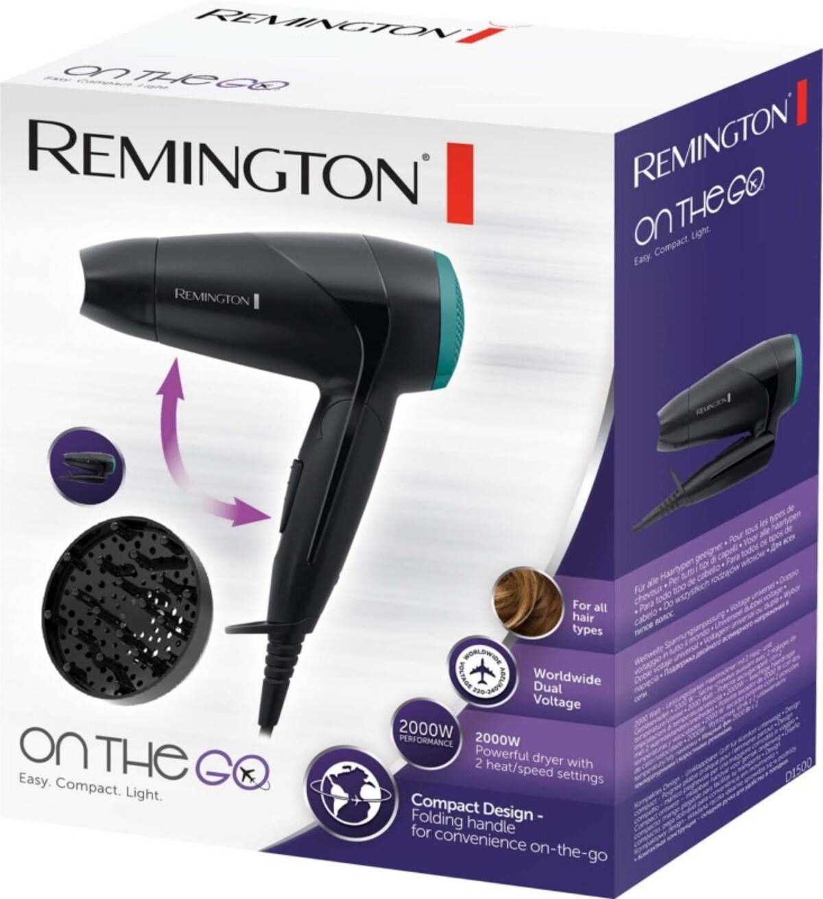 Boxed Remington On the Go Haartrockner, zeigt einen kompakten schwarzen Klappföhn mit 2000W Leistung und weltweiter Spannung für Reisen.