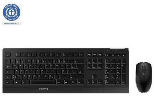 Schwarze kabellose Tastatur- und Maus-Set auf weißem Hintergrund mit kleinem kreisförmigem Logo oben links.