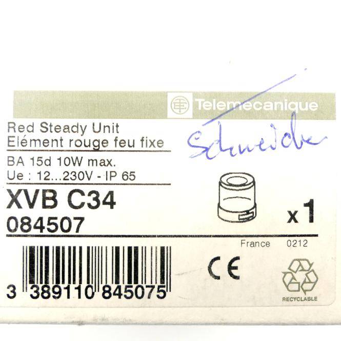 Verpackungsetikett für eine rote Dauerleuchteinheit von Telemechanique, Modell XVB C34, 12–230V IP65, mit Barcode, CE-Zeichen und Menge x1.