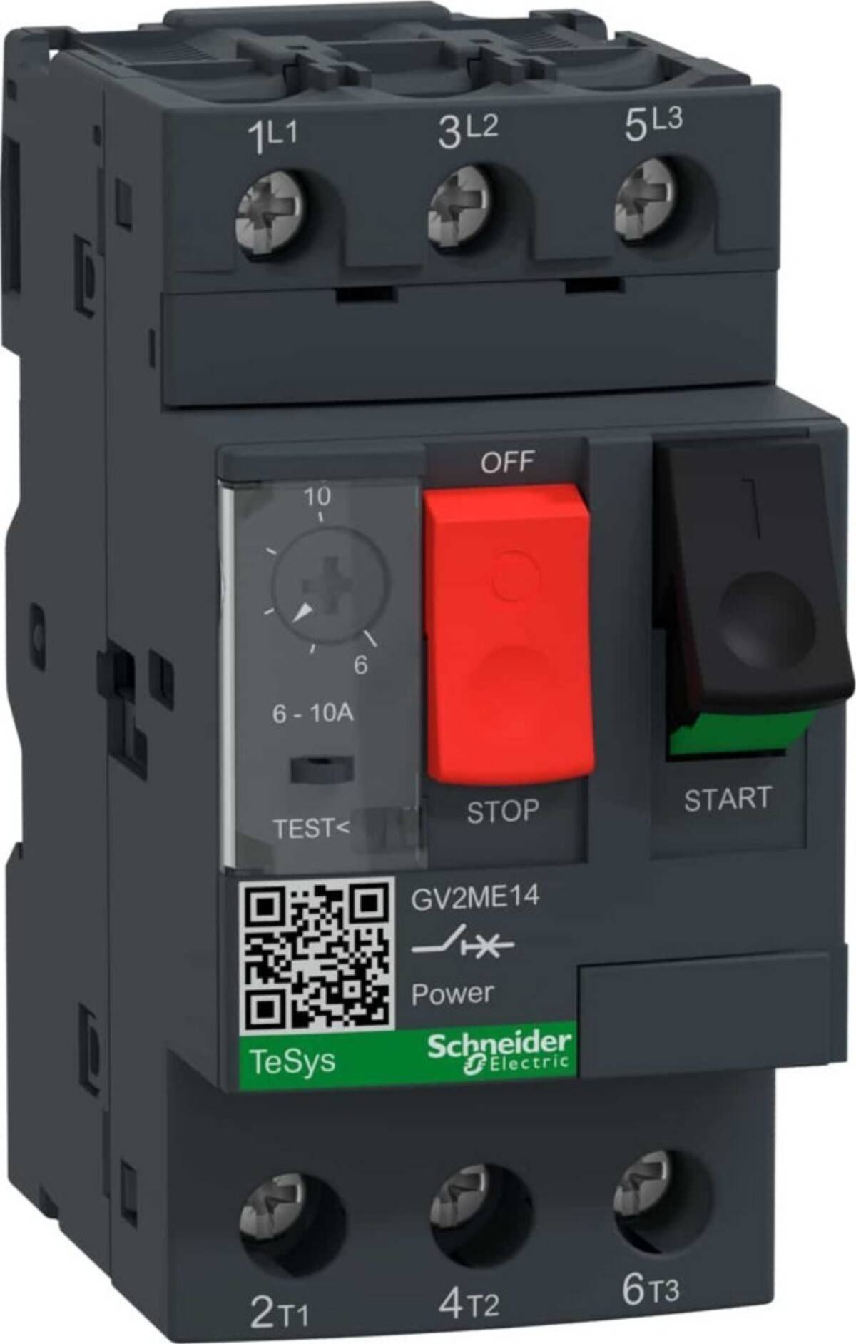 Ein Schneider Electric TeSys Motorschutzschalter mit einem roten STOP-Schalter, schwarzem START-Schalter und verstellbarem Stromdrehwähler für 6–10A.