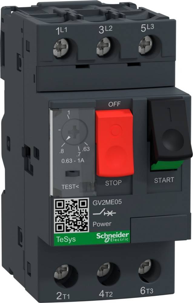 Schneider Electric GV2ME05 Motorschutzschalter mit rotem AUS/STOPP-Knopf, schwarzem START-Hebel und Anschlusskennzeichnungen auf einem kompakten Schutzschalter.