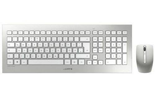 Kabellose Silber-Tastatur mit Ziffernblock und entsprechende Maus auf weißem Hintergrund.