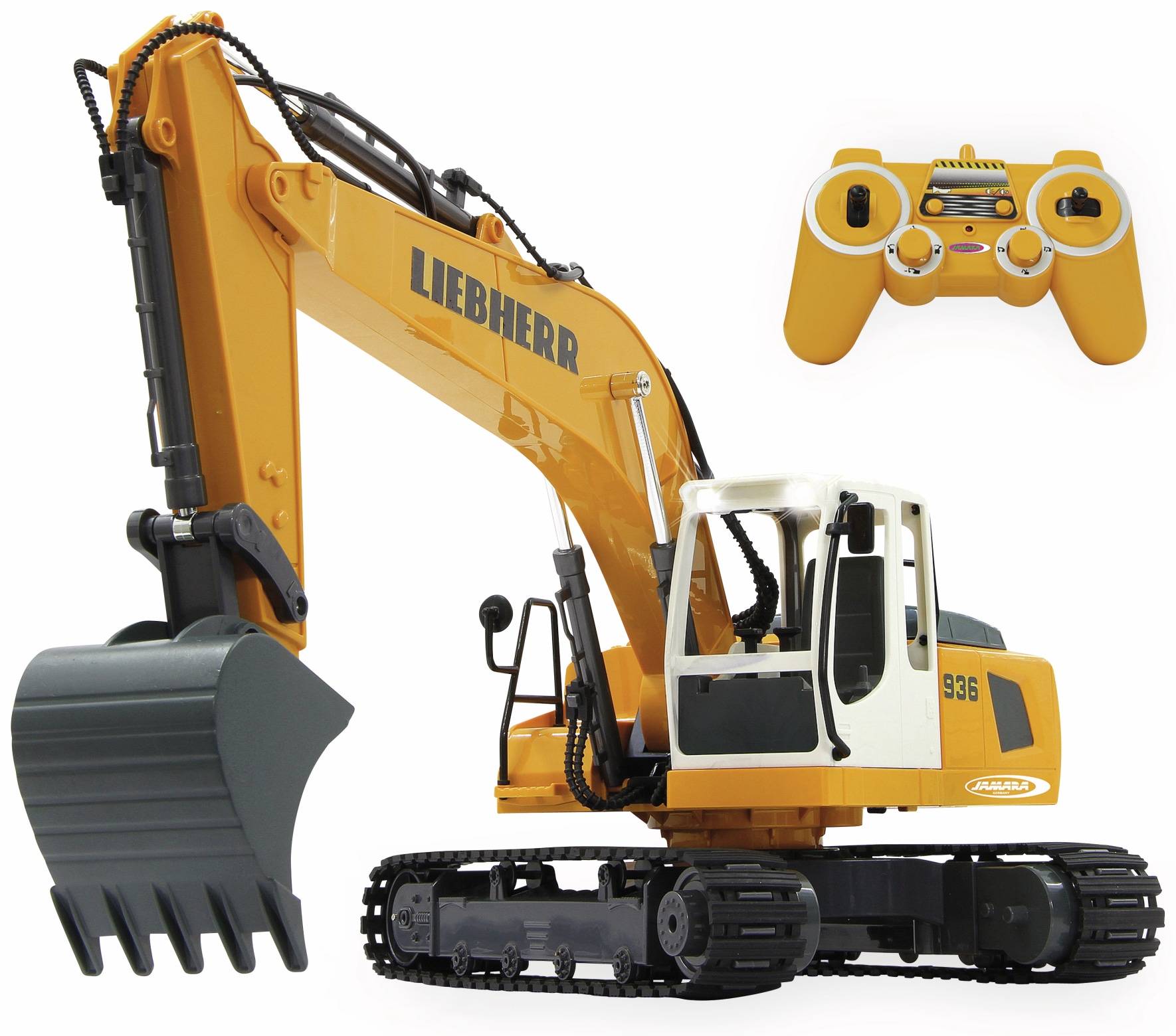 Gelber Liebherr-Baggerspielzeug mit schwarzen Raupen und Schaufel, gezeigt mit einer passenden gelben Fernbedienung auf weißem Hintergrund.