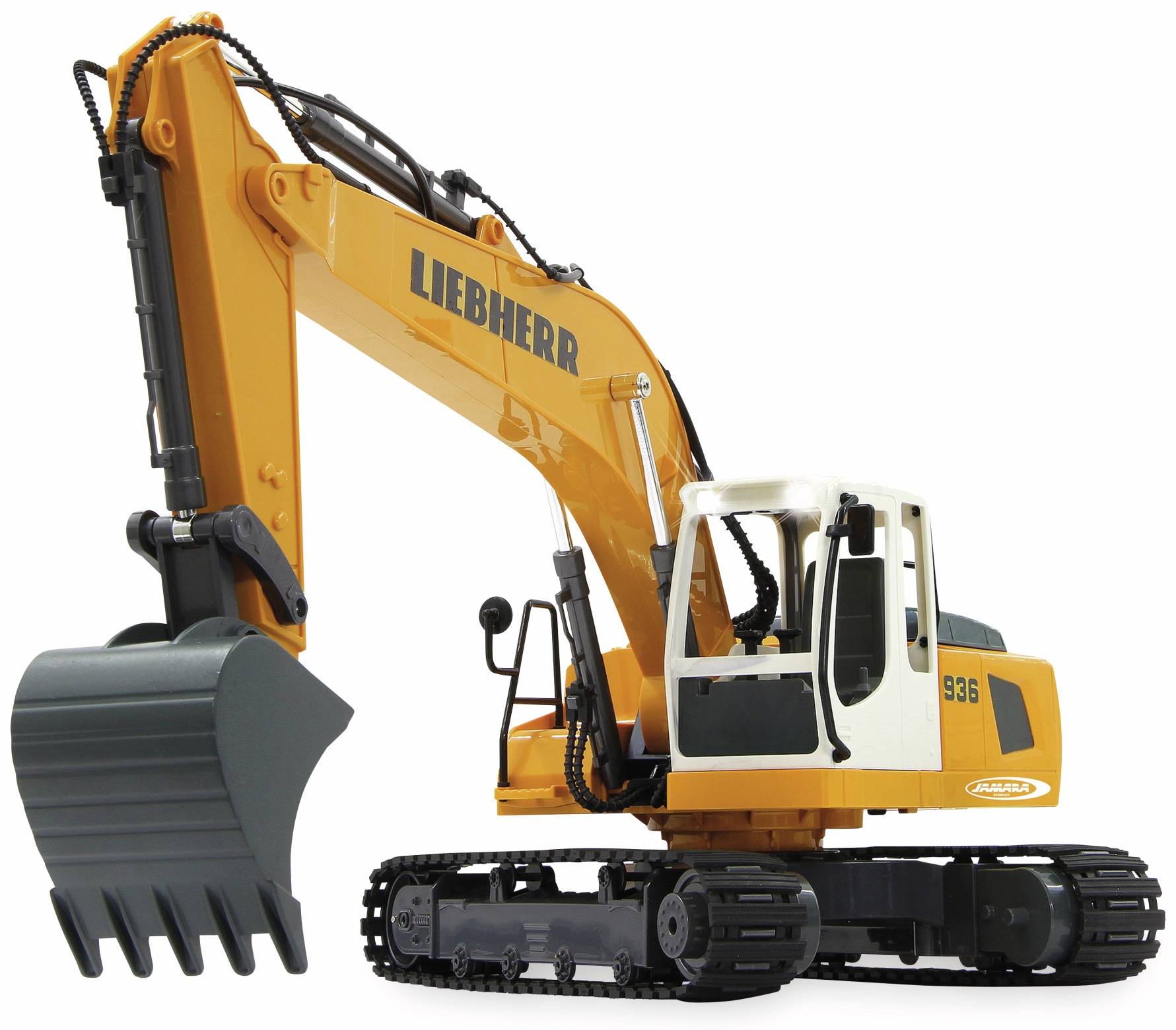 Gelber Liebherr Bagger auf schwarzen Raupen mit großem Schaufel-Eimer, in Seitenansicht vor weißem Hintergrund dargestellt.