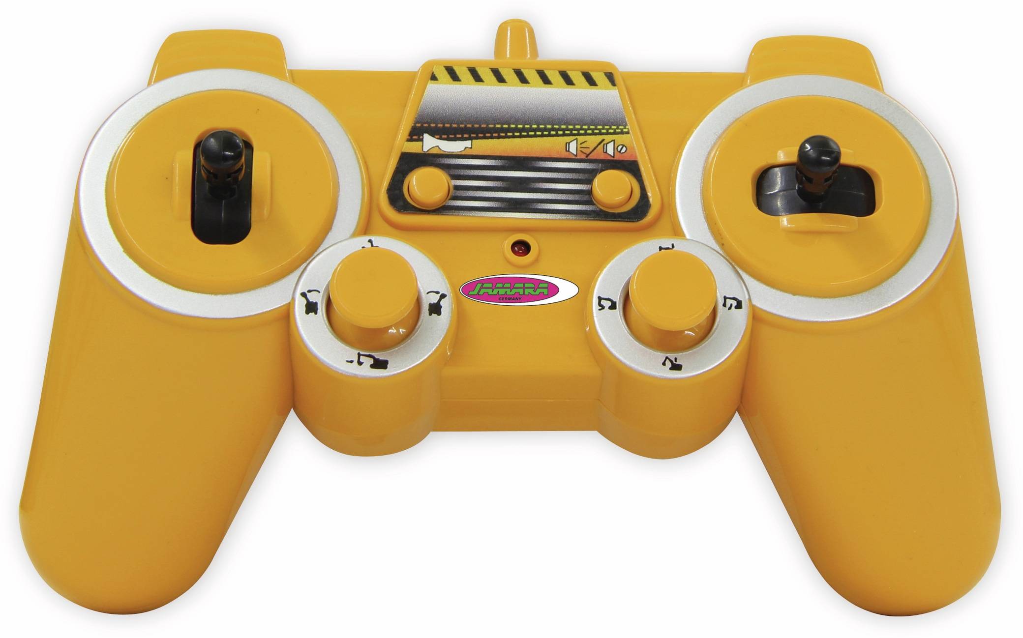 Gelber Spielcontroller mit zwei analogen Sticks, Tasten und einem zentralen Touchpad, frontal auf weißem Hintergrund dargestellt.