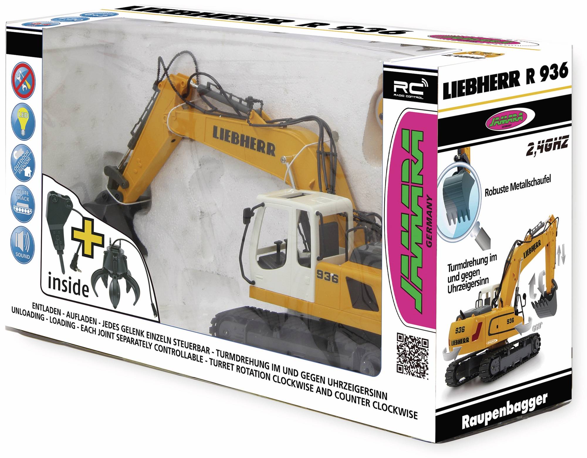 Ferngesteuerter Liebherr R 936 Kettenbagger im Karton, dargestellt mit Fernsteuerungsfunktionen und 2,4-GHz-Funkbetrieb.