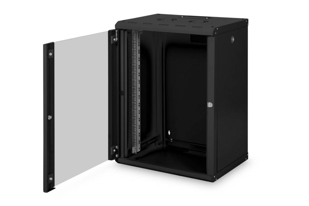 Schwarzer Wand-Netzwerkserverschrank mit offener Vordertür, zeigt leeres Inneres und Montageschienen.