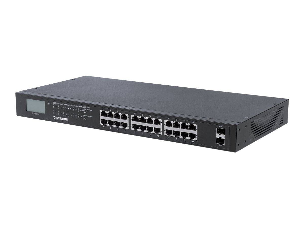 Intellinet 24-Port Gigabit PoE+ Switch 2 SFP-Ports LCD-Anzeige 370W 19" Rackmount 19 Zoll Netzwerk-Switch RJ45/SFP 10 / 100 / 1000 MBit/s IEEE