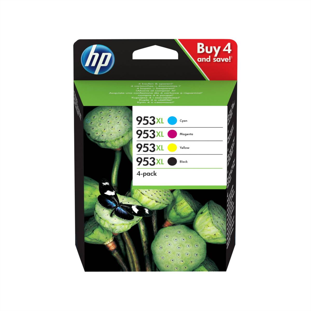 HP 953XL Viererpack Druckerpatronen mit den Farben Cyan, Magenta, Gelb und Schwarz, mit der Nachricht „Kaufe 4 und spare!