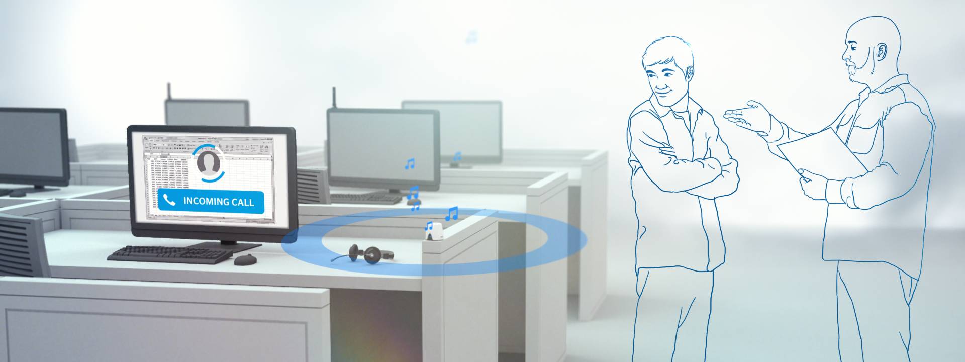 Bürotische mit Computern, die einen Bildschirm mit „EINGEHENDER ANRUF