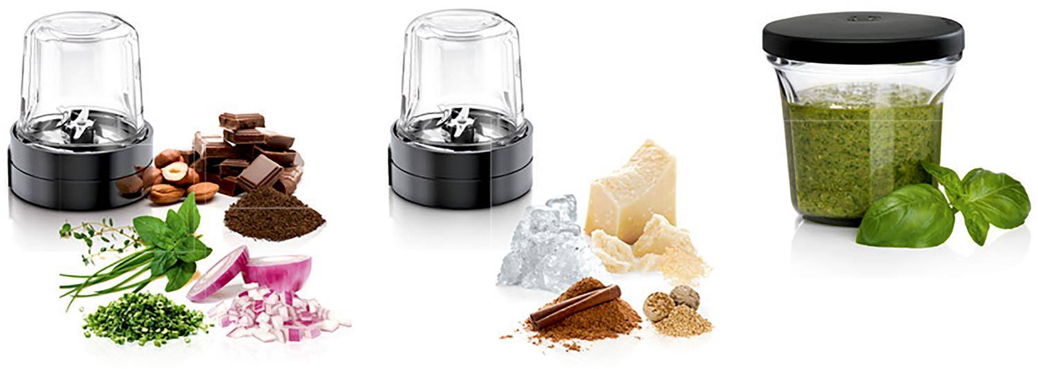 Drei Standmixer mit Behältern, die Zutaten zeigen für gehackte Kräuter, Nüsse und Schokolade, helle gefrorene Lebensmittel und eine grüne Pesto-ähnliche Mischung mit Basilikumblättern.