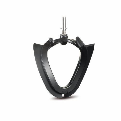 Schwarzer Spannring mit einem Metallpfosten oben, isoliert auf weißem Hintergrund dargestellt.