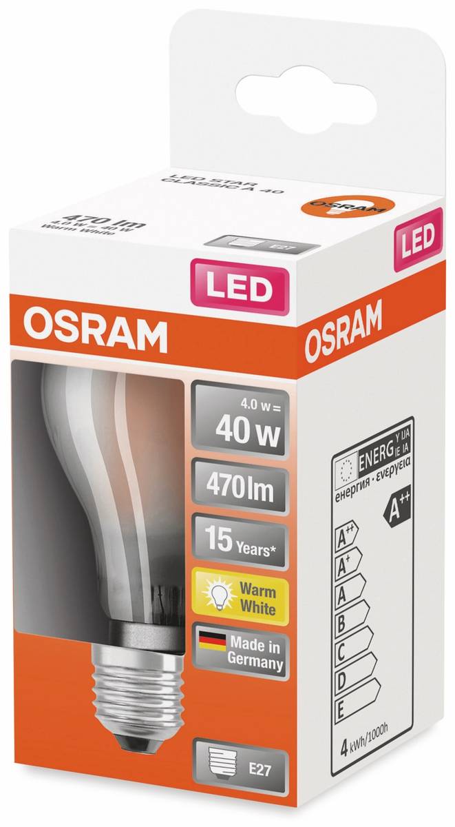 OSRAM LED-Glühbirne Einzelhandelsverpackung, die eine 4,0-W-Glühbirne mit 40-W-Äquivalent, 470 lm warmweiß, E27-Fassung, 15-jähriger Lebensdauer und A+-Energieeffizienzklasse zeigt.