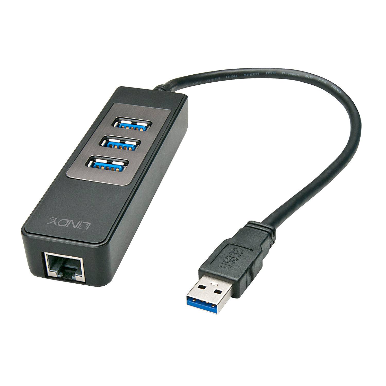 LINDY 43176 USB-Hub 3 Port USB-A, RJ45 USB 3.1 Gen1 5 GBit/s mit eingebautem Netzwerk-Anschluss Schwarz LINDY USB 3.1 Hub/Gigabit Ether. Adapter