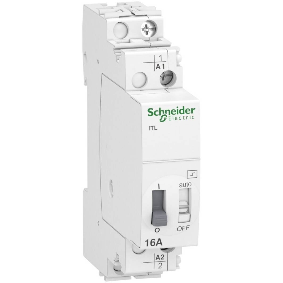 Weiß Schneider Electric iTL 16A Elektroschaltermodul mit manueller und Auto-/Aus-Steuerung.