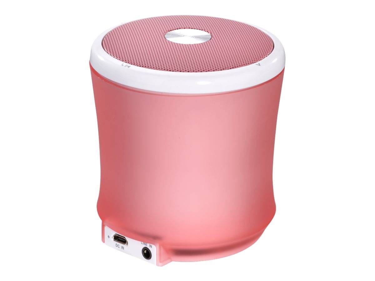 Rosa tragbarer Bluetooth-Lautsprecher mit abgerundetem quadratischem Gehäuse, weißer Ober- und Unterseite sowie USB- und Audioanschlüssen an der unteren Vorderseite.