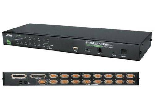 Schwarzer ATEN 'Master View' KVM-Switch-Box, Vorder- und Rückseite gezeigt, mit vielen VGA-Anschlüssen und USB-Verbindungen zur Steuerung mehrerer Computer.