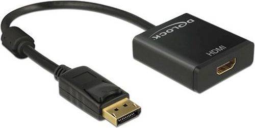 Schwarzes Adapterkabel zur Umwandlung von DisplayPort zu HDMI, mit DisplayPort-Stecker und HDMI-Anschlussgehäuse