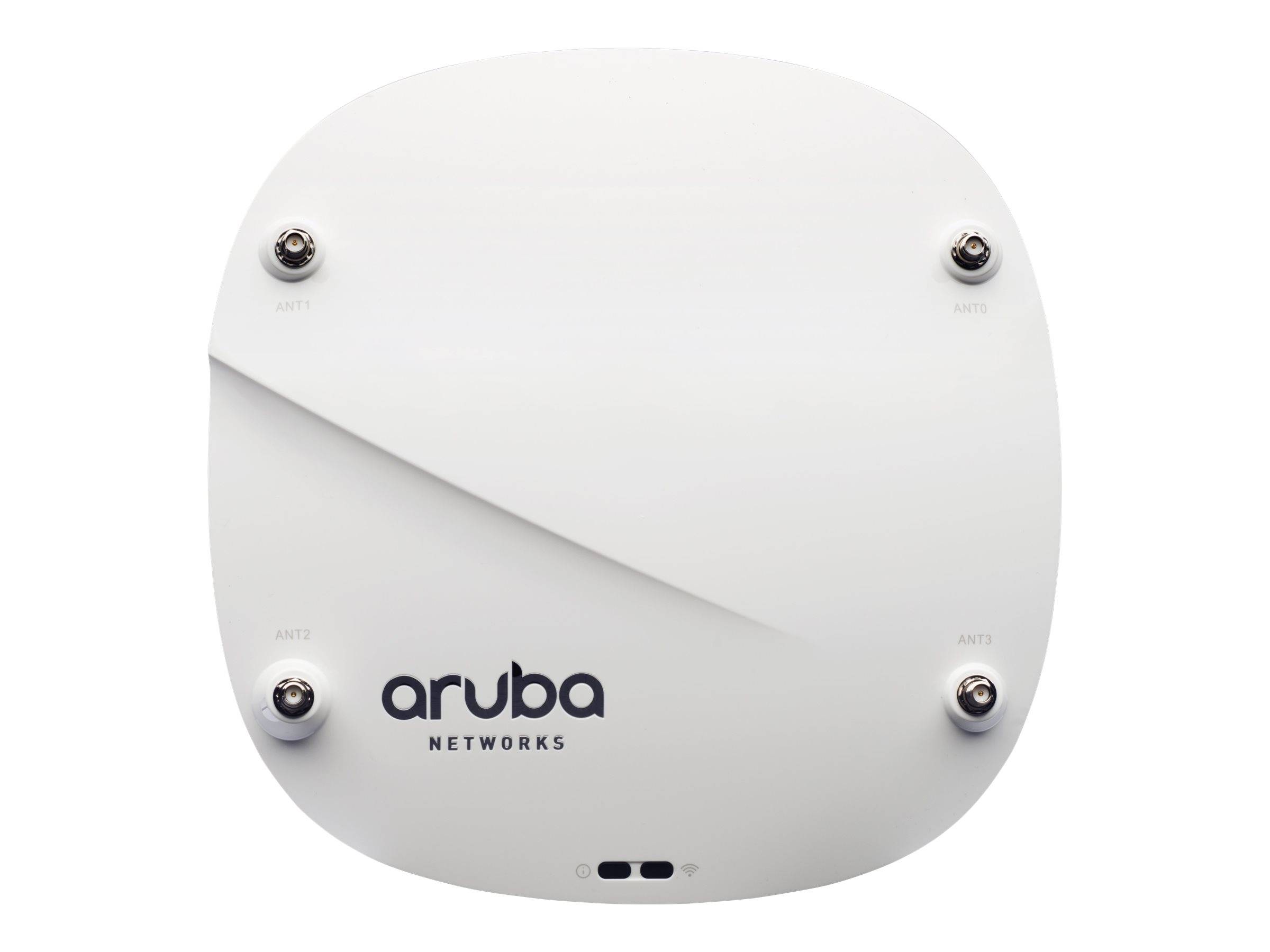 Weißes Aruba Networks WLAN-Zugriffsgerät mit vier Befestigungsschrauben und Statusleuchten auf der Vorderseite.