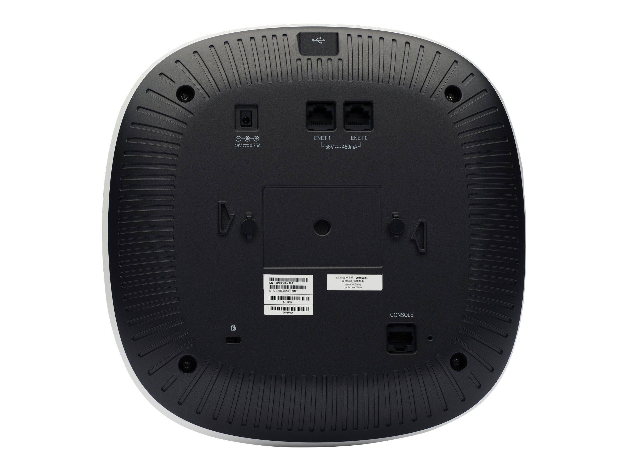 Unteransicht eines schwarzen Netzwerkgeräts oder WLAN-Routers mit Stromversorgung, NET1- und NET2-Anschlüssen, Konsolenport und Befestigungsfunktionen.