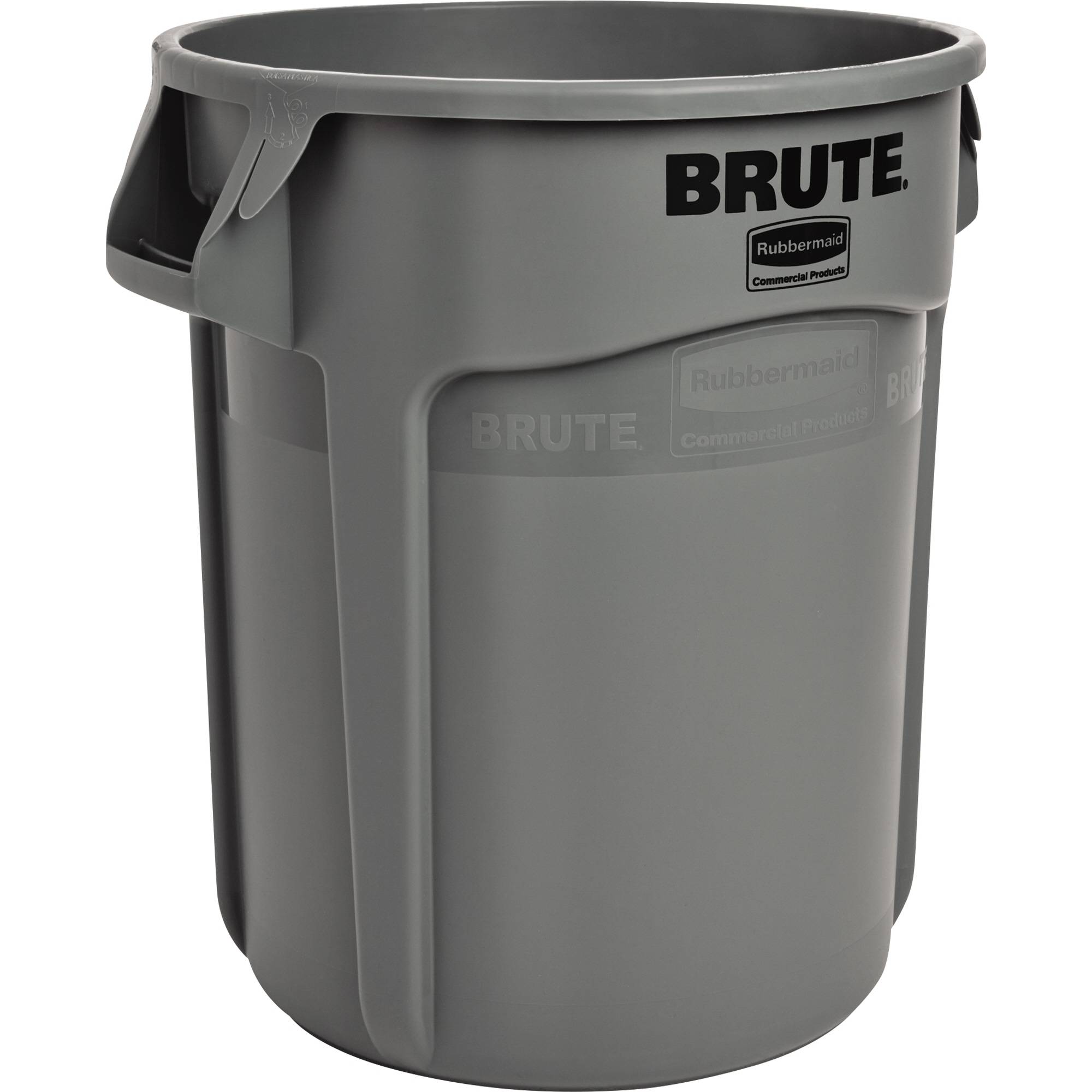 Grauer Rubbermaid BRUTE Gewerbe-Mülleimer mit offener Oberseite und geformten Griffen
