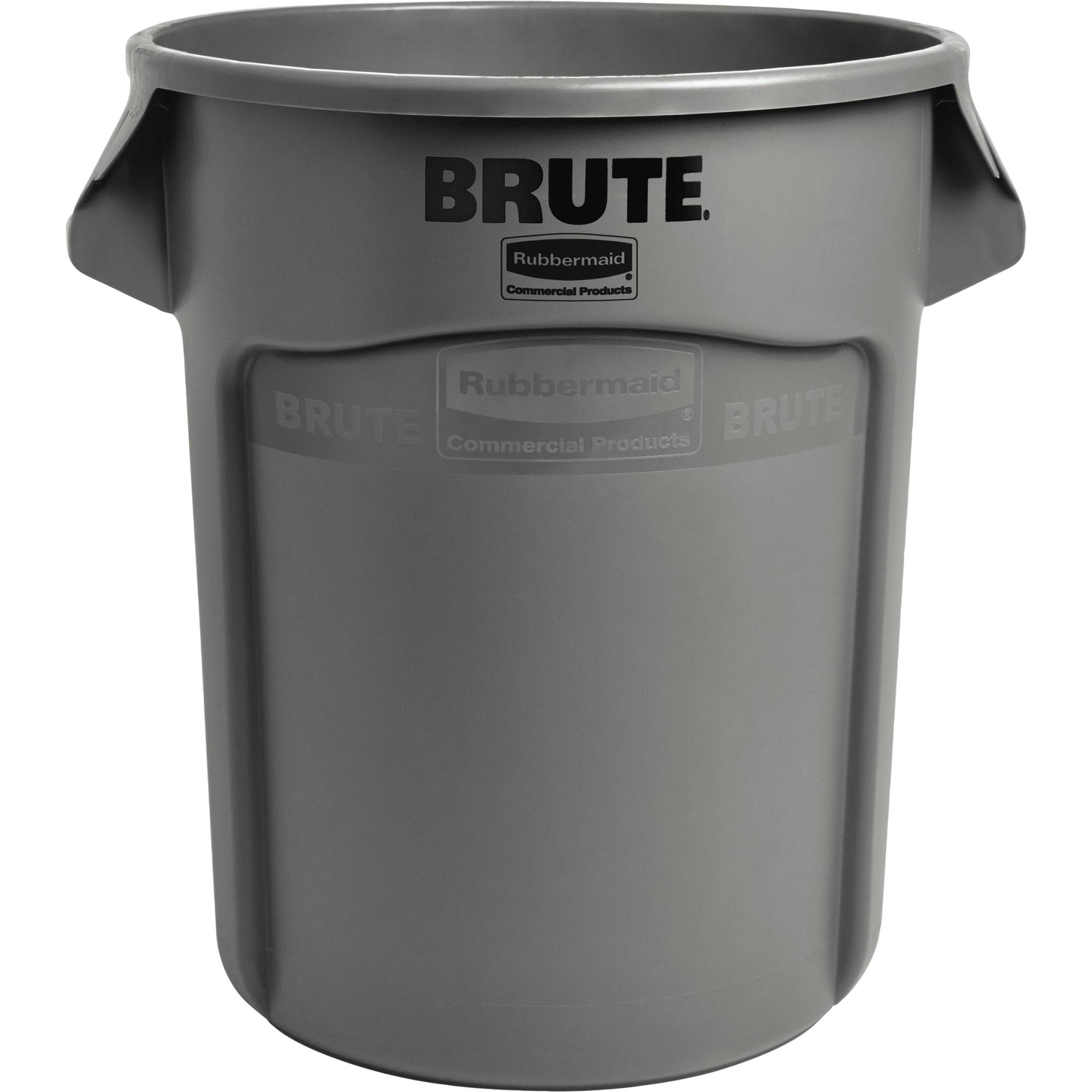 Grauer Rubbermaid BRUTE gewerblicher runder Mülleimer mit Seitengriffen, auf weißem Hintergrund dargestellt.