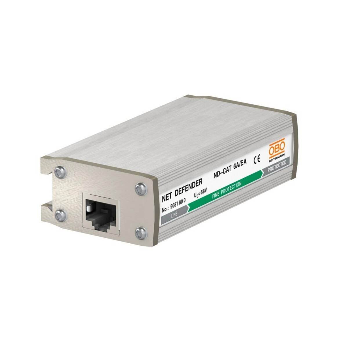 Metall-Ethernet-Überspannungsschutz mit der Bezeichnung 'NET DEFENDER' mit RJ45-Anschluss und OBO BETTERMANN-Branding