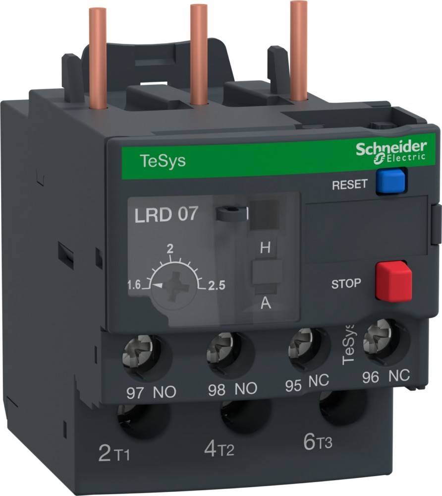 Schneider Electric TeSys LRD 07 Überlastungsrelais mit Rückstell- und Stoppschaltern, verstellbarem Stromwählschalter und Klemmenbezeichnungen 97/98/95/96, 2T1/4T2/6T3.
