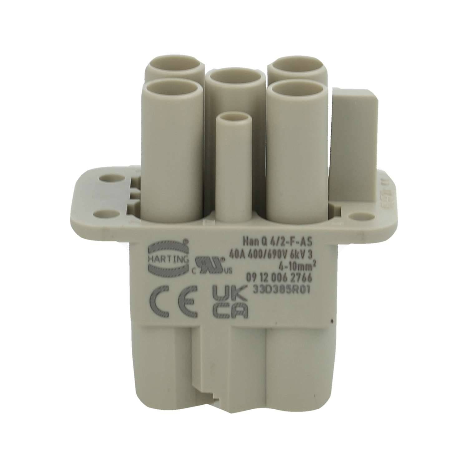 Ein beiger Elektrostecker mit neun zylindrischen Anschlüssen mit der Bezeichnung „Han 6-12-F-AS