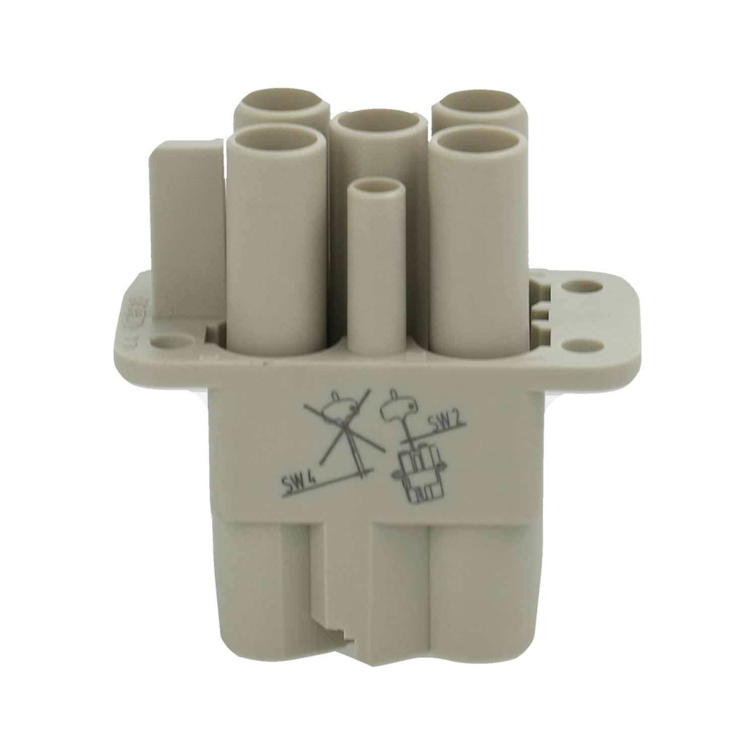 Ein graues mechanisches Bauteil mit zylindrischen Rohren und Strichzeichnungen von Anweisungen oder Symbolen auf seiner Seite.