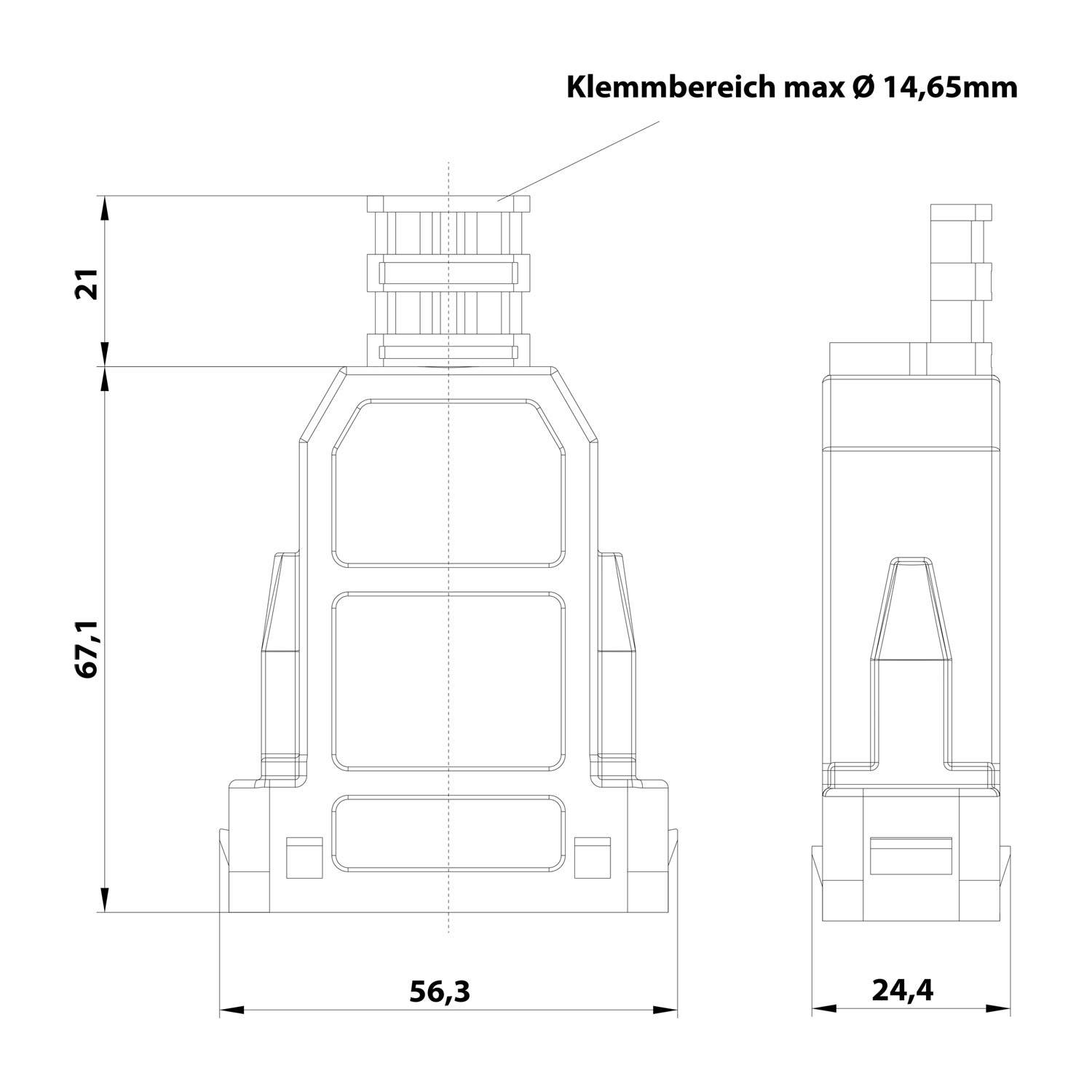 Technische Zeichnung eines Steckers mit Abmessungen: Höhe 67,1 mm, Breite 56,3 mm, Tiefe 24,4 mm. Spannbereich max Ø 14,65 mm.