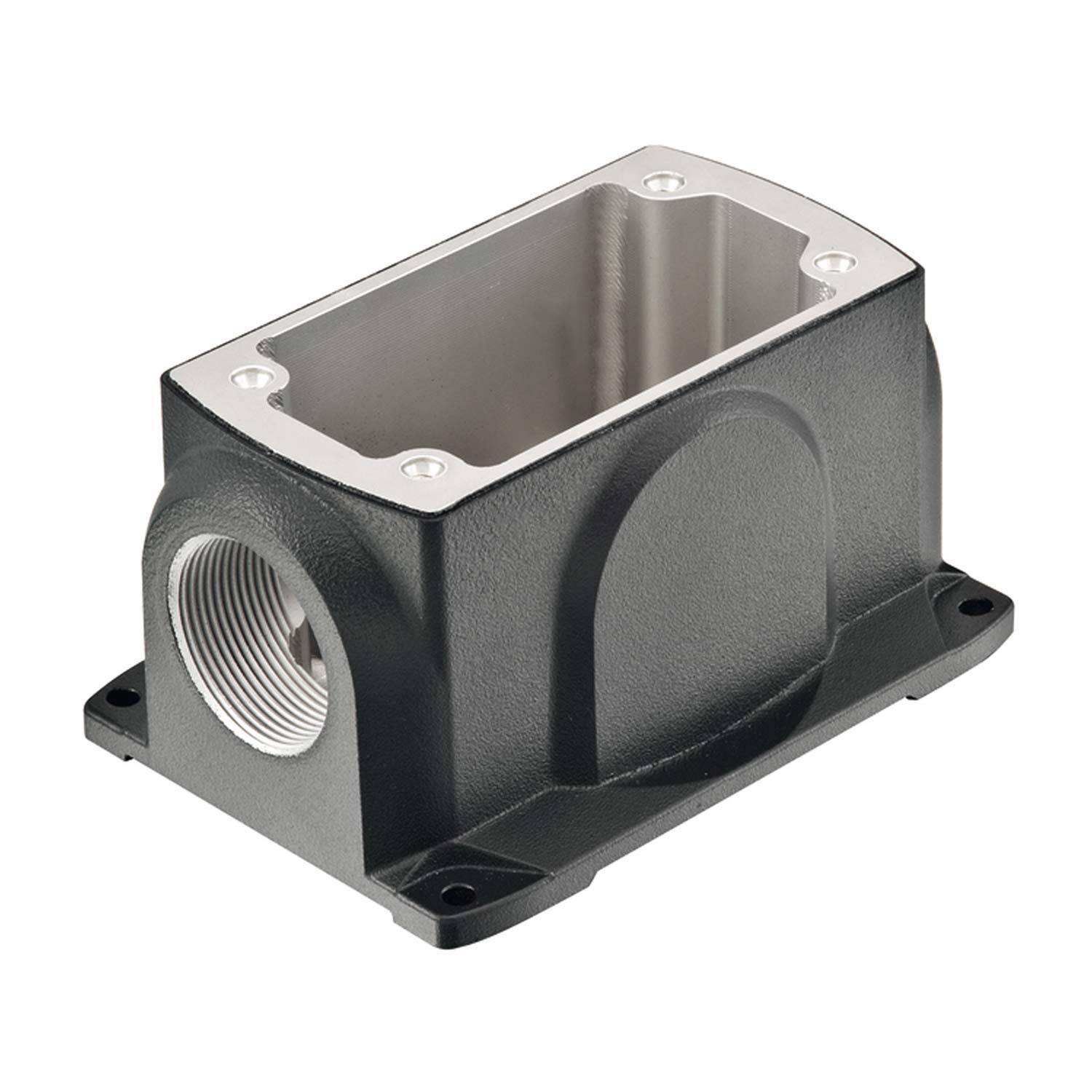 Ein schwarzes rechteckiges Metallgehäuse mit gerundeten Kanten, mit einem Gewindeloch auf einer Seite und Befestigungslöchern an den unteren Ecken.