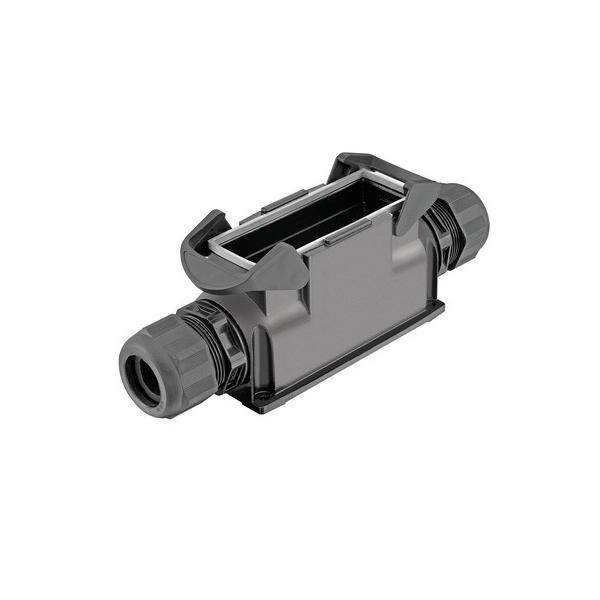 Schwarzer Inline-Kabelstecker mit zwei Kabeleinführungsenden und rechteckigem Gehäuse mit Scharnier in der Mitte auf weißem Hintergrund