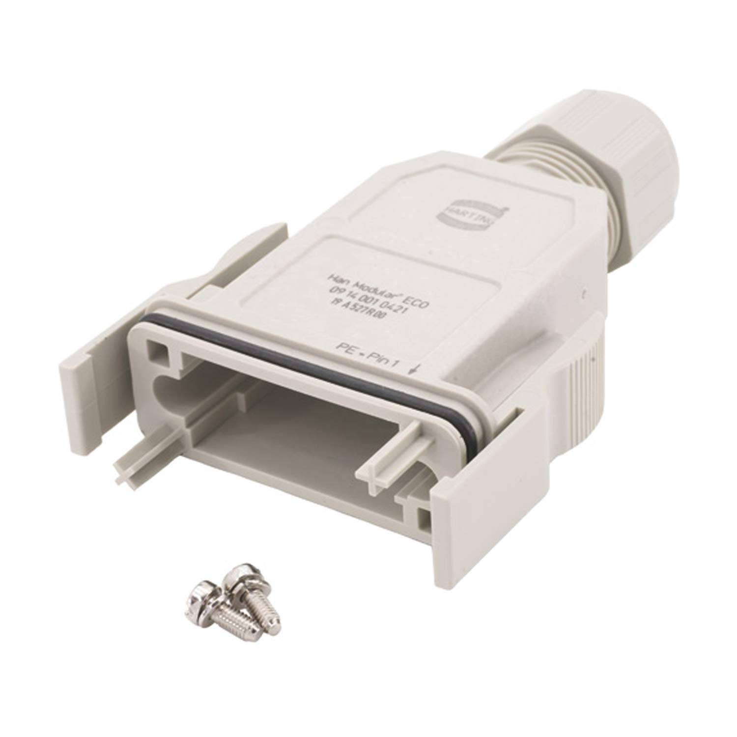 Weißer Kabelstecker mit Schutzgehäuse, konzipiert für Netzwerkverbindungen. Beinhaltet zwei Schrauben zur sicheren Montage.