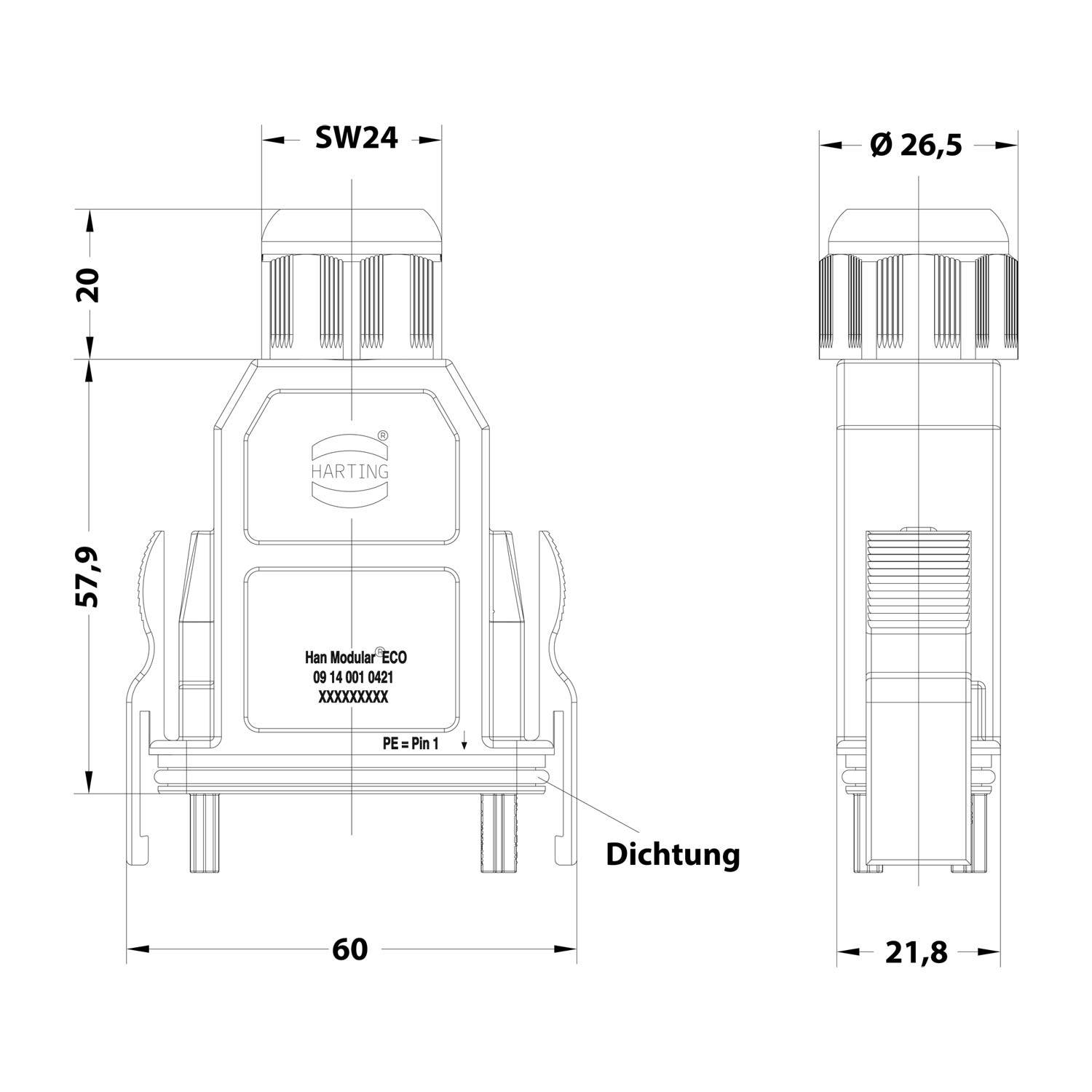 Technisches Diagramm eines Harting-Steckers mit Front- und Seitenansicht und Messwerten. Beschriftungen: SW24, Dichtung, PE-Pin 1, und Abmessungen in mm.